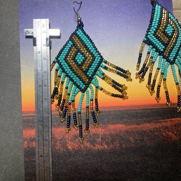 Beaded Turquoise Earrings Seed Beads-Handmade - Picture 2 of 2